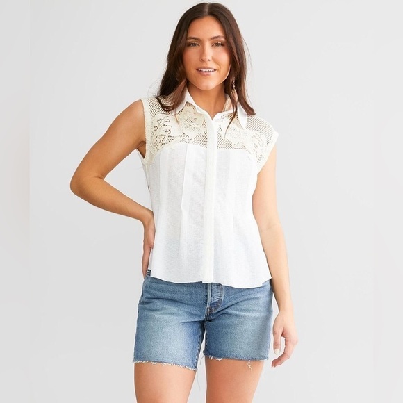 Gimmicks White Cream Pieced Crochet Tank Top Western Casual Classic Large Buckle - Picture 4 of 10